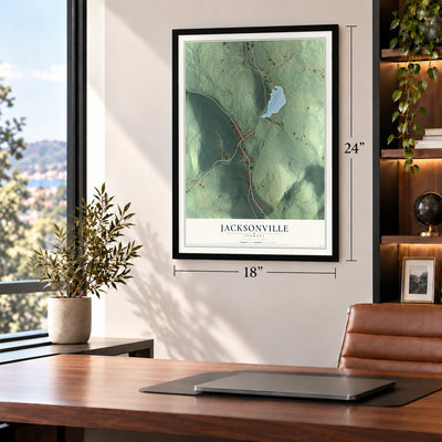 Jacksonville, Vermont map, 18 x 24 inch print in a black frame in a home office