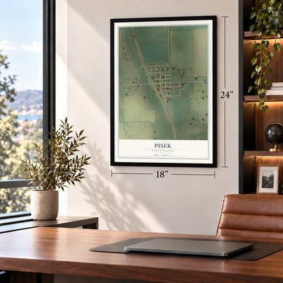 Pisek, North Dakota map, 18 x 24 inch print in a black frame in a home office