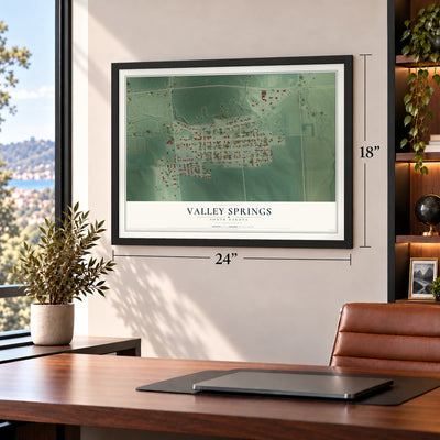 Valley Springs, South Dakota map, 18 x 24 inch print in a black frame in a home office