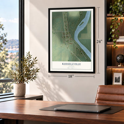 Russellville, Illinois map, 18 x 24 inch print in a black frame in a home office