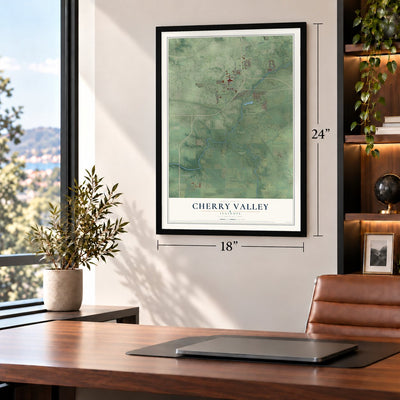 Cherry Valley, Illinois map, 18 x 24 inch print in a black frame in a home office