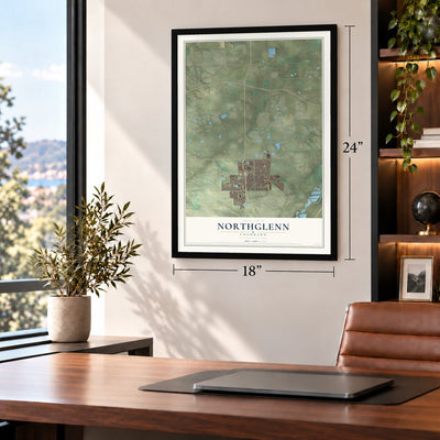 Northglenn, Colorado map, 18 x 24 inch print in a black frame in a home office
