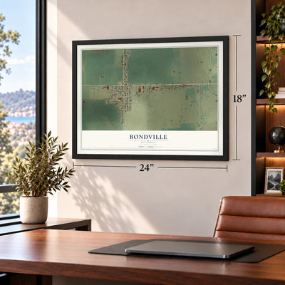 Bondville, Illinois map, 18 x 24 inch print in a black frame in a home office