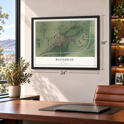 Beaverdam, Ohio map, 18 x 24 inch print in a black frame in a home office
