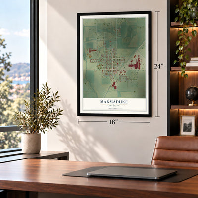 Marmaduke, Arkansas map, 18 x 24 inch print in a black frame in a home office