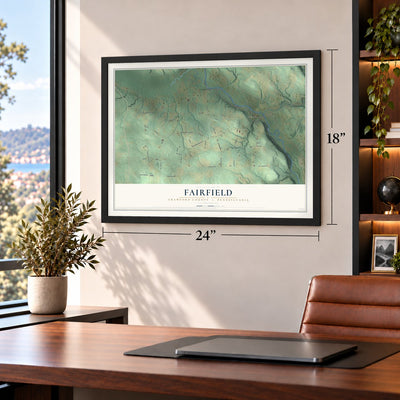 Fairfield, Crawford County, Pennsylvania map, 18 x 24 inch print in a black frame in a home office