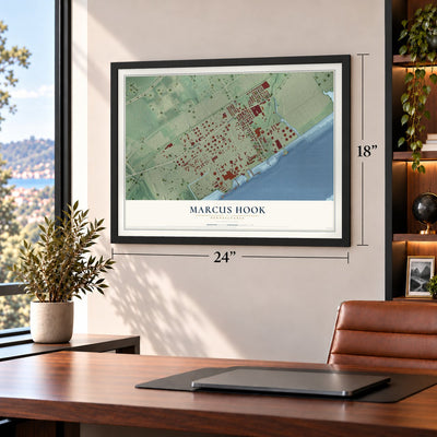 Marcus Hook, Pennsylvania map, 18 x 24 inch print in a black frame in a home office