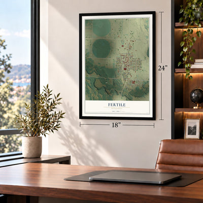 Fertile, Minnesota map, 18 x 24 inch print in a black frame in a home office