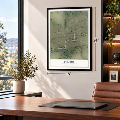 Folsom, New Mexico map, 18 x 24 inch print in a black frame in a home office