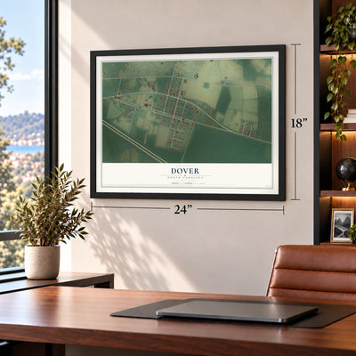 Dover, North Carolina map, 18 x 24 inch print in a black frame in a home office