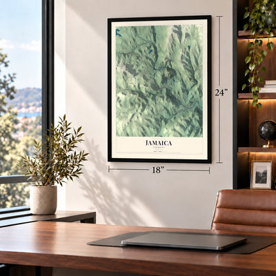 Jamaica, Vermont map, 18 x 24 inch print in a black frame in a home office
