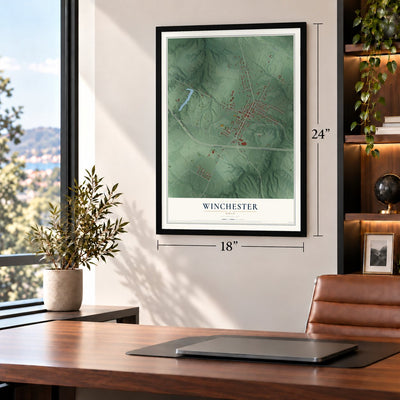 Winchester, Ohio map, 18 x 24 inch print in a black frame in a home office