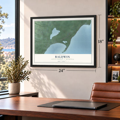 Baldwin, Iosco County, Michigan map, 18 x 24 inch print in a black frame in a home office