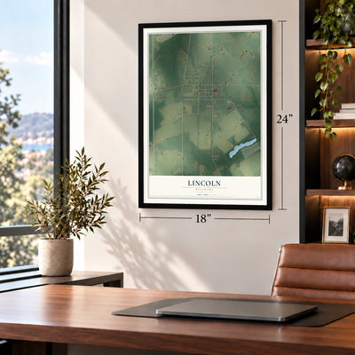 Lincoln, Delaware map, 18 x 24 inch print in a black frame in a home office