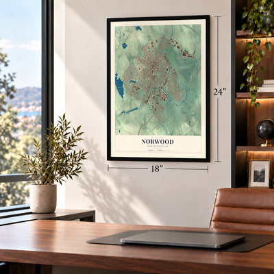 Norwood, Massachusetts map, 18 x 24 inch print in a black frame in a home office