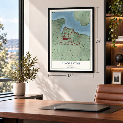 Cinco Bayou, Florida map, 18 x 24 inch print in a black frame in a home office