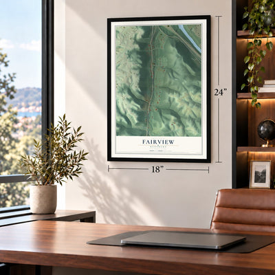 Fairview, Kentucky map, 18 x 24 inch print in a black frame in a home office