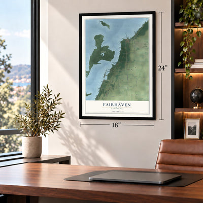 Fairhaven, Michigan map, 18 x 24 inch print in a black frame in a home office