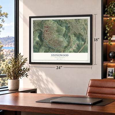 Stonewood, West Virginia map, 18 x 24 inch print in a black frame in a home office