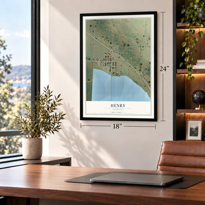 Henry, Nebraska map, 18 x 24 inch print in a black frame in a home office