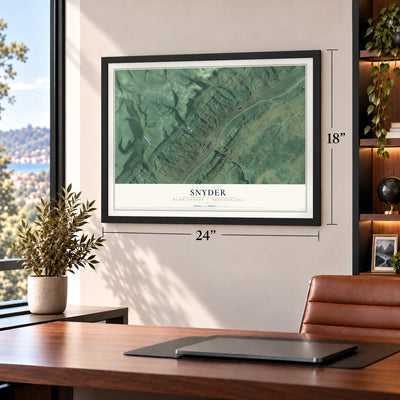 Snyder, Blair County, Pennsylvania map, 18 x 24 inch print in a black frame in a home office