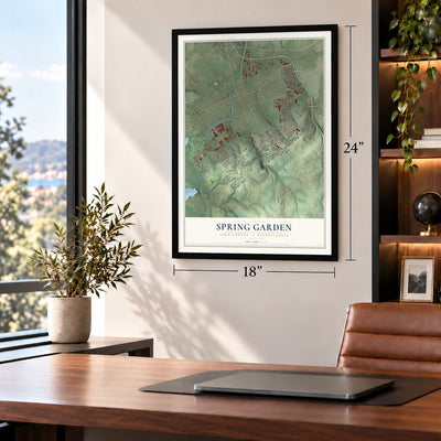 Spring Garden, York County, Pennsylvania map, 18 x 24 inch print in a black frame in a home office