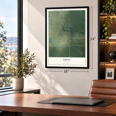Amity, Missouri map, 18 x 24 inch print in a black frame in a home office