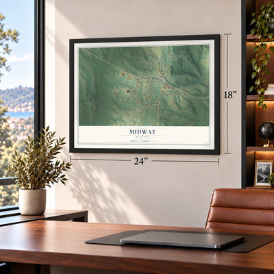 Midway, Alabama map, 18 x 24 inch print in a black frame in a home office