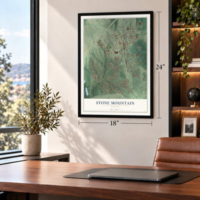 Stone Mountain, Georgia map, 18 x 24 inch print in a black frame in a home office