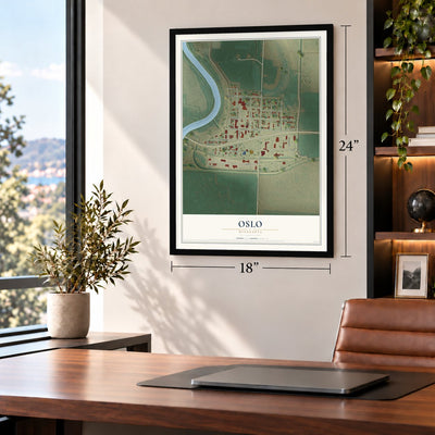 Oslo, Minnesota map, 18 x 24 inch print in a black frame in a home office