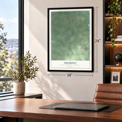 Fremont, Tuscola County, Michigan map, 18 x 24 inch print in a black frame in a home office