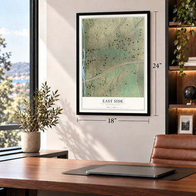 East Side, Pennsylvania map, 18 x 24 inch print in a black frame in a home office
