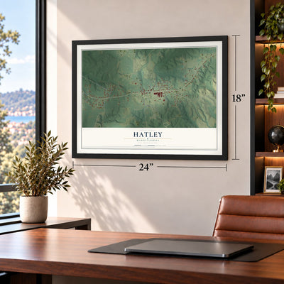 Hatley, Mississippi map, 18 x 24 inch print in a black frame in a home office