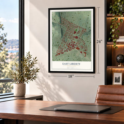 East Liberty, Pennsylvania map, 18 x 24 inch print in a black frame in a home office