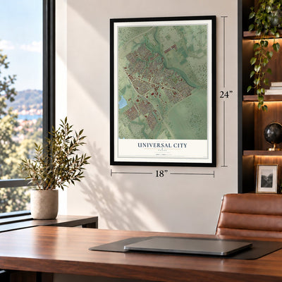 Universal City, Texas map, 18 x 24 inch print in a black frame in a home office