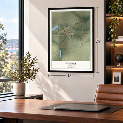 Hughes, Arkansas map, 18 x 24 inch print in a black frame in a home office