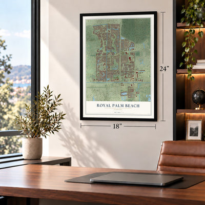Royal Palm Beach, Florida map, 18 x 24 inch print in a black frame in a home office