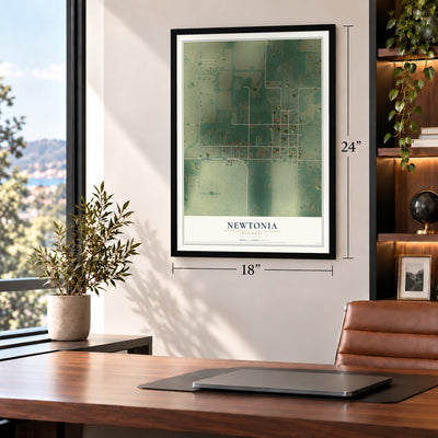 Newtonia, Missouri map, 18 x 24 inch print in a black frame in a home office