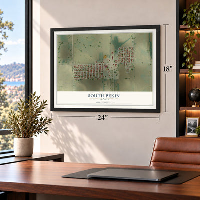 South Pekin, Illinois map, 18 x 24 inch print in a black frame in a home office