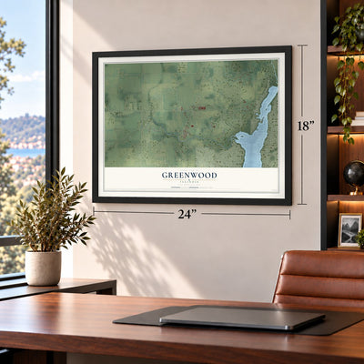 Greenwood, Illinois map, 18 x 24 inch print in a black frame in a home office