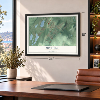 Mine Hill, New Jersey map, 18 x 24 inch print in a black frame in a home office