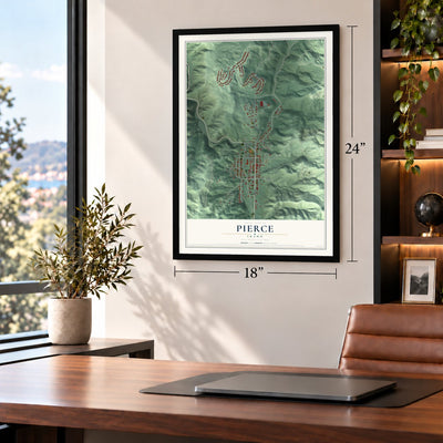 Pierce, Idaho map, 18 x 24 inch print in a black frame in a home office