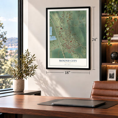 Mound City, Missouri map, 18 x 24 inch print in a black frame in a home office