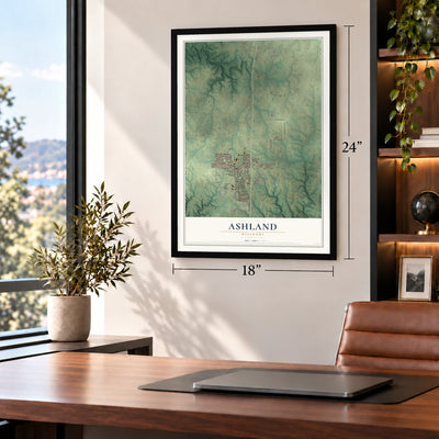 Ashland, Missouri map, 18 x 24 inch print in a black frame in a home office