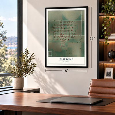 East Duke, Oklahoma map, 18 x 24 inch print in a black frame in a home office