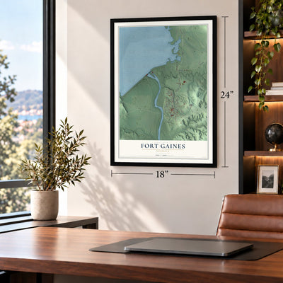 Fort Gaines, Georgia map, 18 x 24 inch print in a black frame in a home office