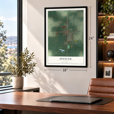 Spencer, Ohio map, 18 x 24 inch print in a black frame in a home office