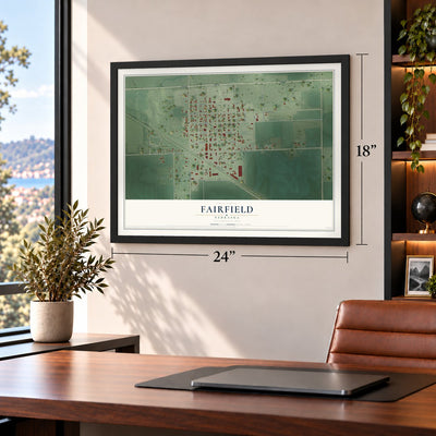 Fairfield, Nebraska map, 18 x 24 inch print in a black frame in a home office