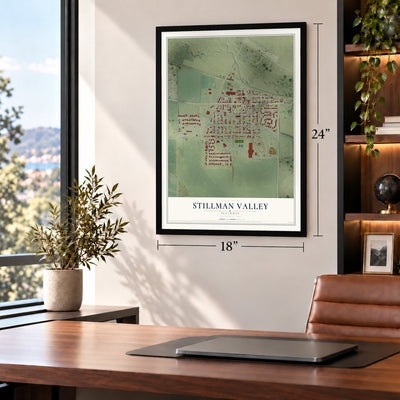 Stillman Valley, Illinois map, 18 x 24 inch print in a black frame in a home office