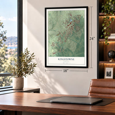 Kingstowne, Virginia map, 18 x 24 inch print in a black frame in a home office